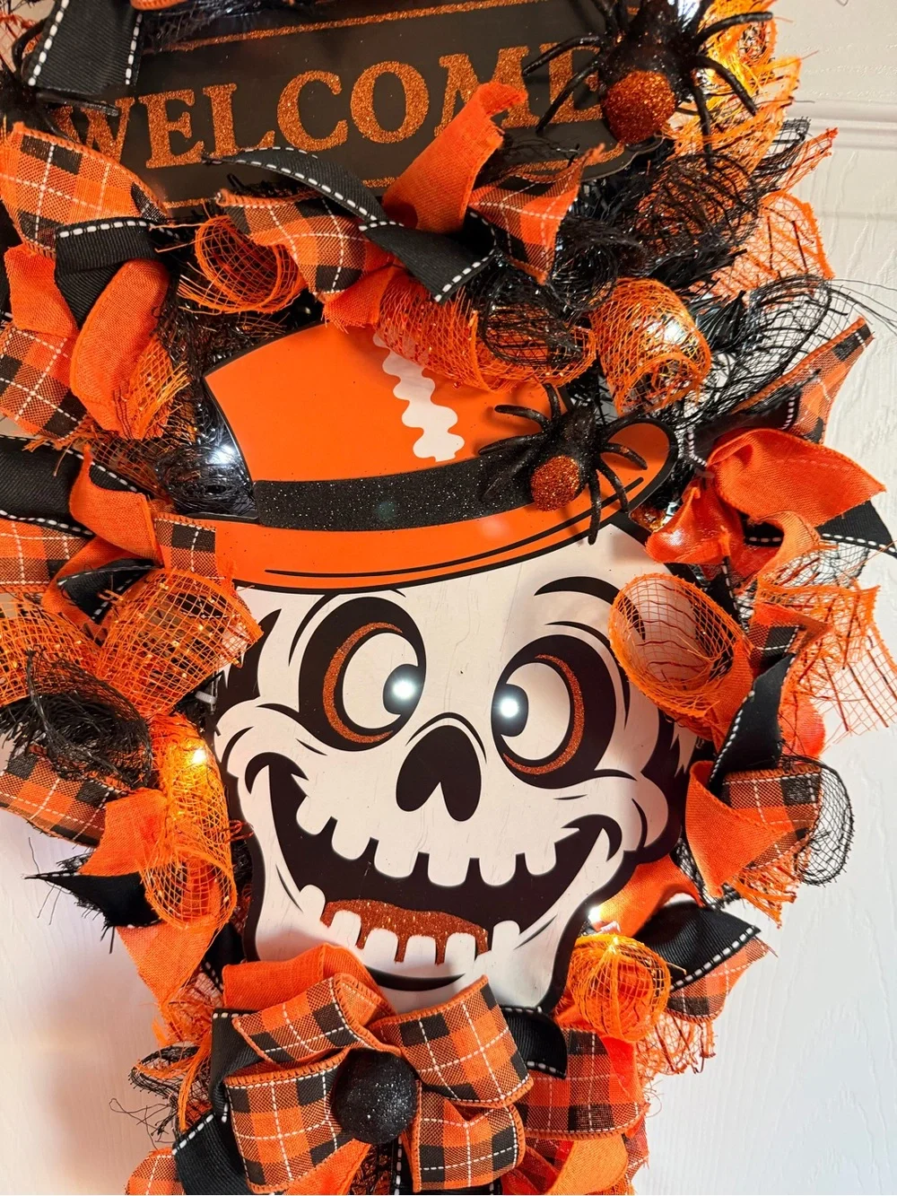 Handcrafted Lighted Halloween Skeleton Witch Door Swag Wreath 18x24 orange black